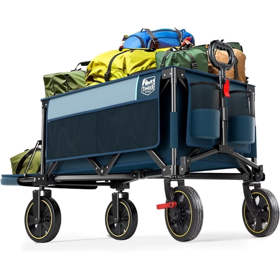 49" Extra Long Collapsible Folding Wagon with Tailgate and Brakes, 300lbs Heavy Duty Foldable Wagon with Adjustable Handle, 250L Capacity Portable Cart for Outdoor Camping Sports, Blue