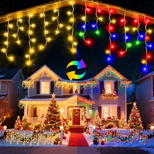 49 Ft Ice Light for Outside, 480 LED Christmas Lights Outdoor Plug in, Christmas Ice Lighting with 11 Modes & Timer for Holiday, Party, Wedding, Patio, Outdoor Decor(Warm+Multicolor)