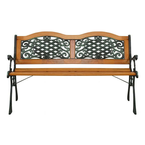 49" Garden Bench, Outdoor Patio Park Chair, Hardwood Slats Cast Iron Frame Seat, A