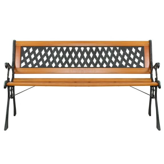49" Garden Bench, Outdoor Patio Park Chair, Hardwood Slats Cast Iron Frame Seat,B