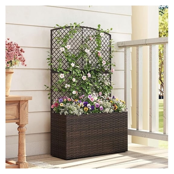 49H Raised Garden Bed with Trellis, Tall Wicker Planter Box with Privacy Screen, Liner & Drainage for Balcony Yard, PE Rattan Outdoor Flower Box for Climbing Plants, Vegetables & Flowers