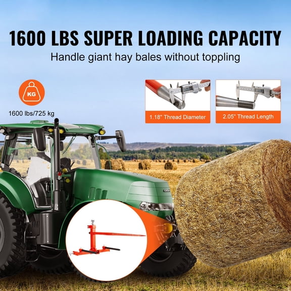 49" Hay Spear, Bale Spears 1600lbs Loading Capacity, Three-Point Hitch Tractor Attachment with 2pcs 17.5" Stabilizer Spears, Quick Attach Spike Forks
