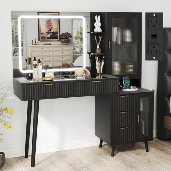49-Inch Black Fluted Wood Makeup Vanity Desk with Glass Top, Mirror, Lights, Charging Station, 5 Drawers, and 2 Cabinets