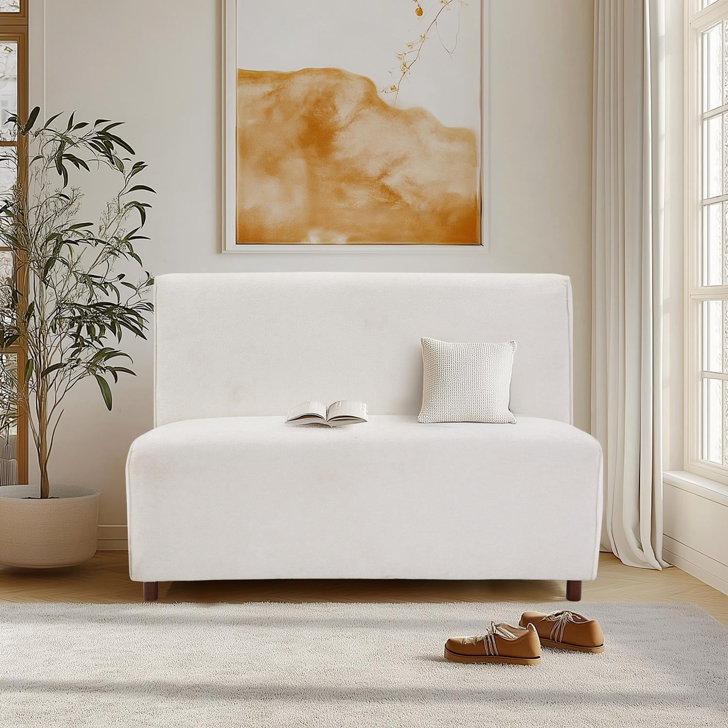49-Inch Boucle Fabric Loveseat Sofa with 25D High-Density Sponge Cushion, Modern Curved Backrest Couch with Light Wood Legs, Compact Loveseat for Living Room Apartment, Beige
