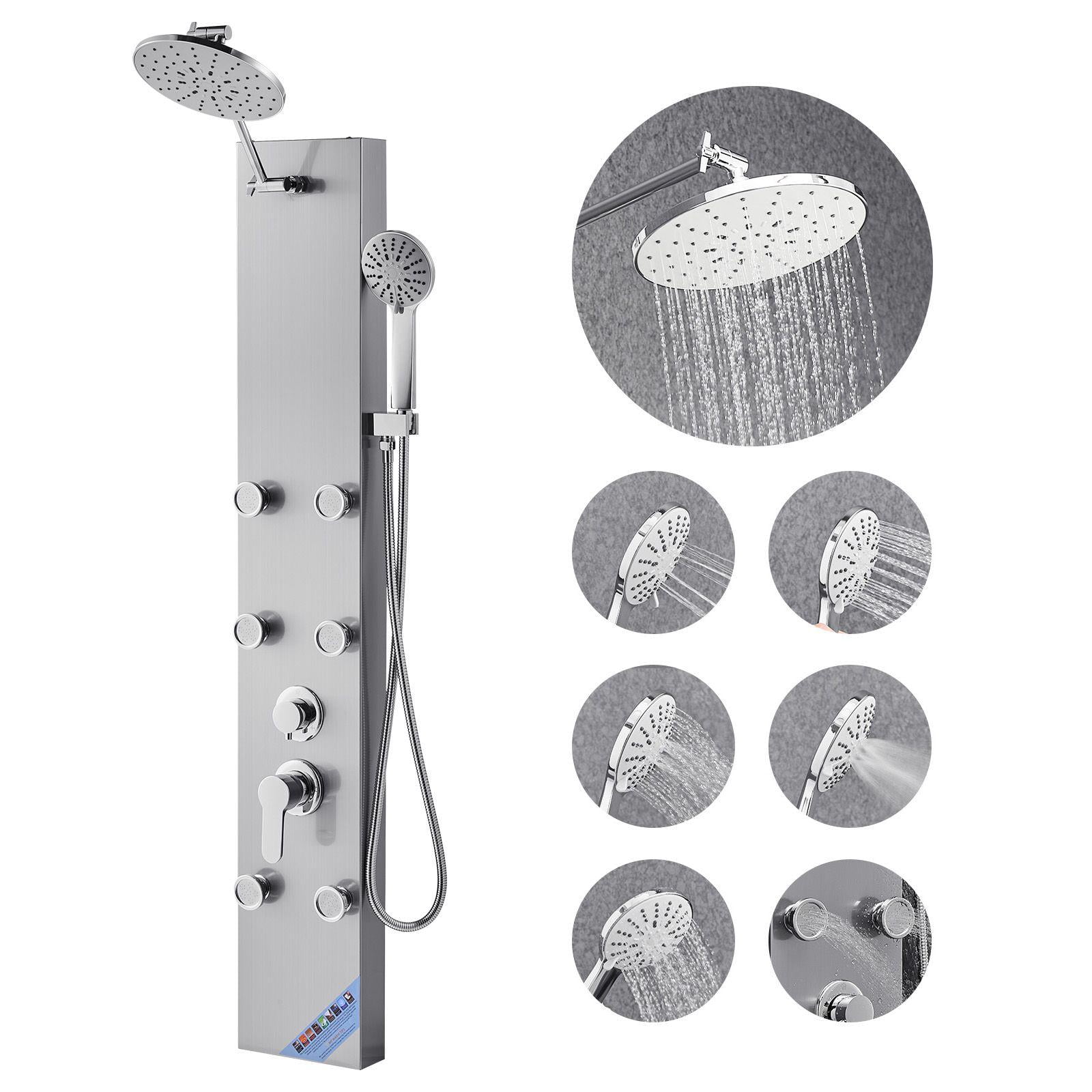 49 Inch Brushed Stainless Steel Shower Panel Tower System with Rainfall Shower Head 3 Function Faucet High Pressure Wall Mount Rain Massage System 6 Body Jets and Handheld