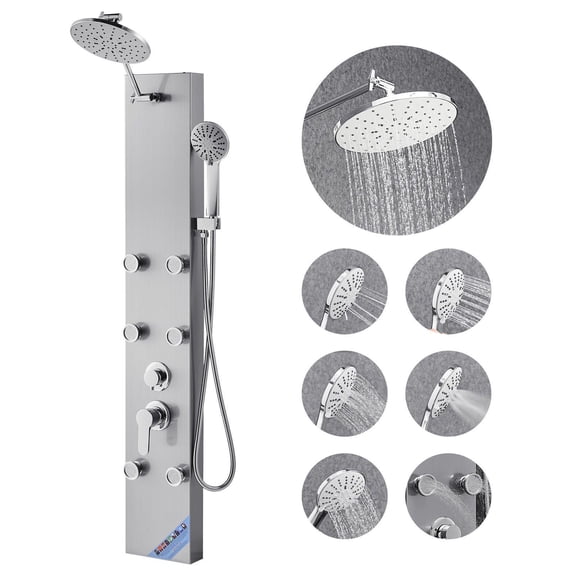 49 Inch Brushed Stainless Steel Shower Panel Tower System with Rainfall Shower Head 3 Function Faucet High Pressure Wall Mount Rain Massage System 6 Body Jets and Handheld