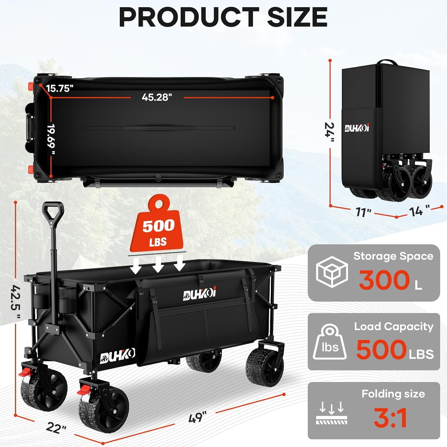 49 Inch Collapsible Wagon with 500lbs Capacity, Heavy Duty All-Terrain ...