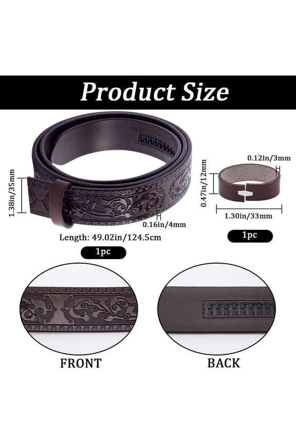 49 Inch Cowhide Belt Strap Replacement 1-1/2"(35mm) Wide Floral Engraved Genuine Leather Embossed Western Cowboy Men's Waist Belt Strap Accessories Without Buckle for Cowboy Cowgirl Brown