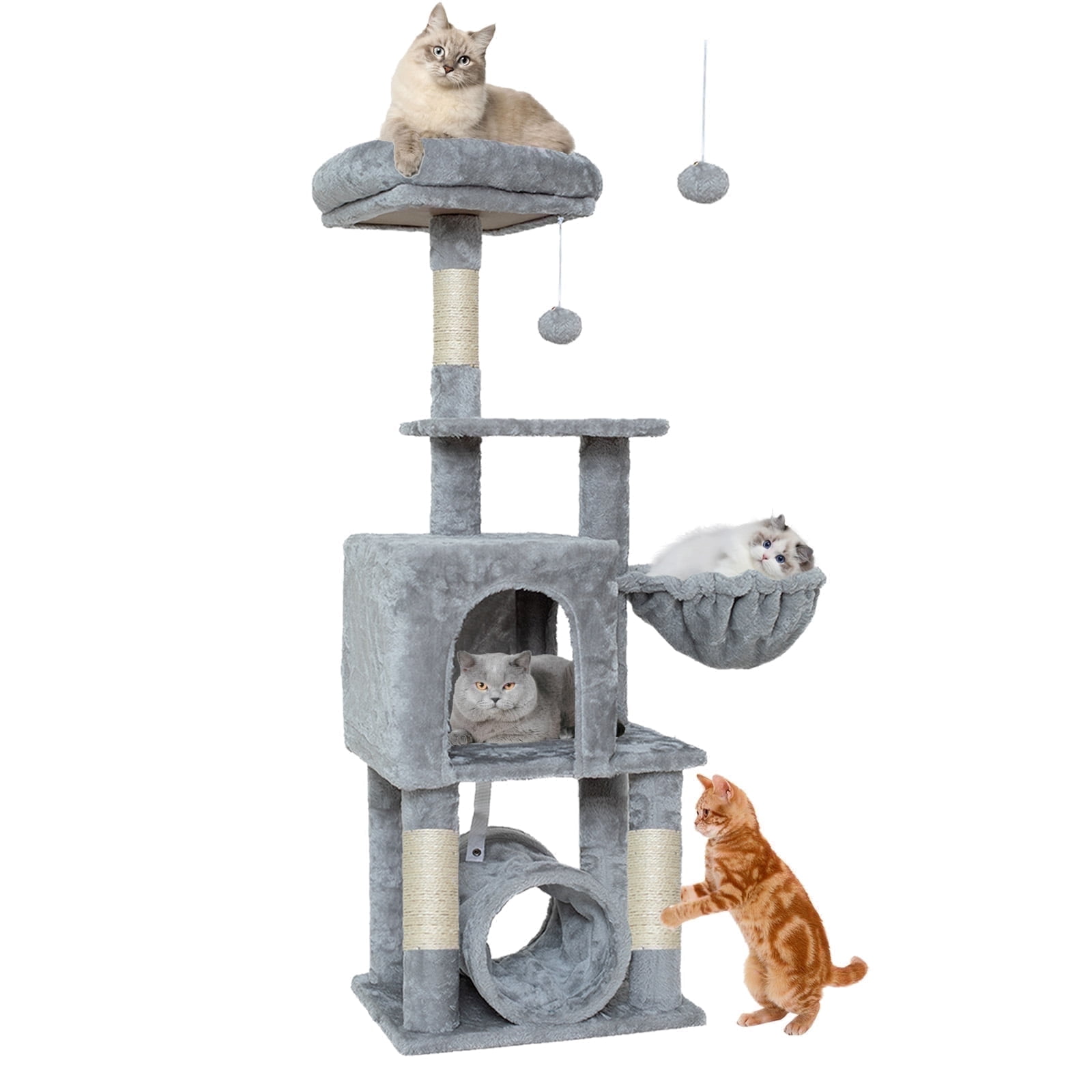 Senbonry Cat Tree for Indoor Cats with Scratching Posts, 49in Small Gothic Tower with 9 Inchs Tunnel, Condo, Basket, Pompoms,Light Gray