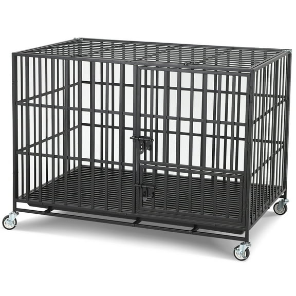 49 Inch Heavy Duty 3-Door Dog Crate with Wheels, Escape-Proof Metal Kennel for Large Dogs, Removable Tray, Black