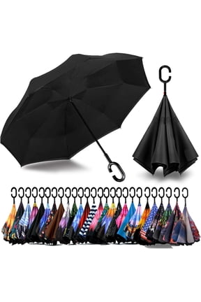 49 Inch Inverted Reverse Upside Down Umbrella, Extra Large Double Canopy Vented Windproof Waterproof Stick Umbrellas with C-shape Handle.