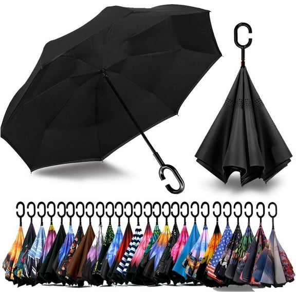 49 Inch Inverted Reverse Upside Down Umbrella, Extra Large Double Canopy Vented Windproof Waterproof Stick Umbrellas with C-shape Handle.
