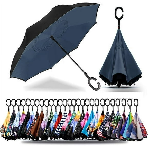 49 Inch Inverted Reverse Upside Down Umbrella, Extra Large Double Canopy Vented Windproof Waterproof Stick Umbrellas with C-shape Handle.