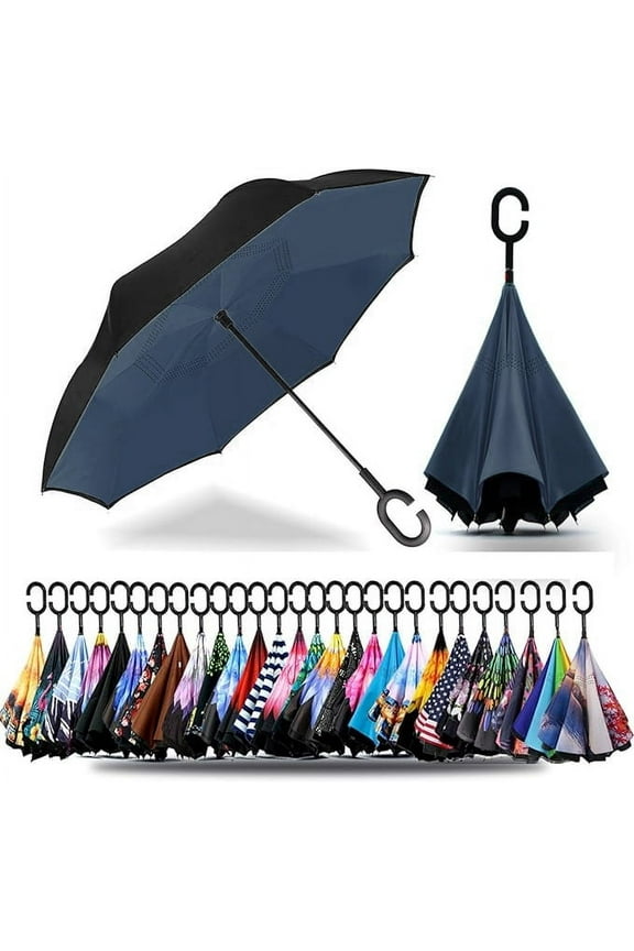 49 Inch Inverted Reverse Upside Down Umbrella, Extra Large Double Canopy Vented Windproof Waterproof Stick Umbrellas with C-shape Handle.