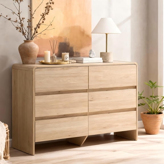 49-Inch Long Light Oak 6-Drawer Dresser with Rounded Corners, Anti-Tip Kit, and Wood Cabinet Organizer for Bedroom and Nursery