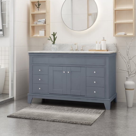 49 Inch Modern Bathroom Vanity with Marble Countertop & Ceramic Sink, Ample Storage 2 Doors 6 Drawers, Space-Saving Design for Bathroom Remodel Gray