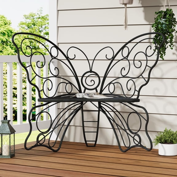 49 Inch Outdoor Bench, Black Garden Bench with Metal Frame, Weatherproof Butterfly Front Porch Benches for Lawn, Garden, Yard, Balcony