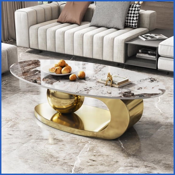 49-Inch Oval Faux Marble Coffee Table for Living Room Durable Stainless Steel Base, Scratch-Resistant Sintered Stone Top