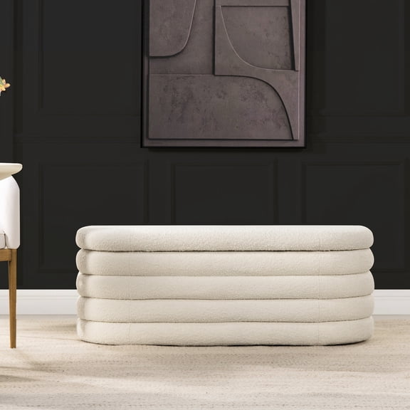 49-Inch White Boucle Bench with Hidden Storage Compartment / Ready to Use Out of Box