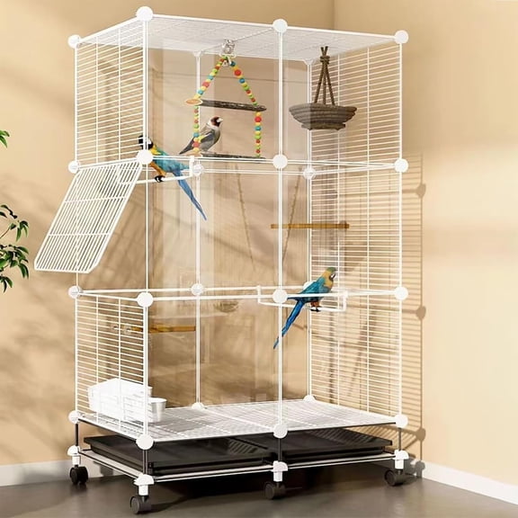 49 Inch Wrought Iron Bird Cage, 3 Tiers Indoor Bird Cage Stand with 2 Trays & Feeders and Waterers, Movable Large Freestanding Birdcage with 6 Universal Wheels for Canaries, Parrots - Transparent