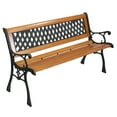 thumbnail image 1 of 49" Outdoor Bench, Garden Bench Patio Porch Chair Deck Hardwood Cast Iron Love Seat, Hardwood Slats Bench Furniture Cast with Iron Frame, Park Chair with Weave Style Back, Bronze & Natural, 1 of 10