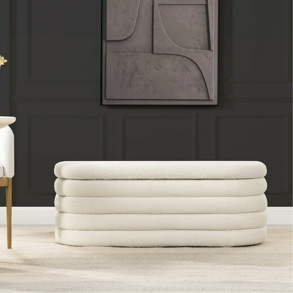 49" Oval Boucle Upholstered Storage Unit, White For Anywhere In Home Bench With Hidden Compartment, Space Efficient