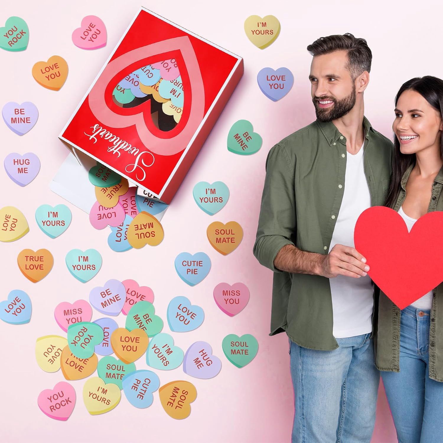 49 PC Valentine's Day Wall Stickers 3D Sweetheart Box with Conversation Heart Stickers Valentine's Day Bulletin Board Decoration Love Wall Decals for Classroom Home Wedding Romantic Decor