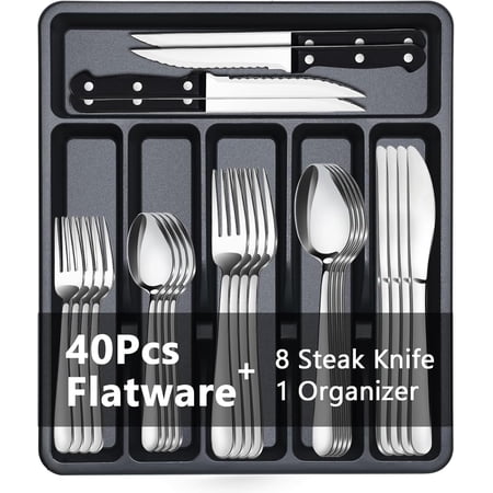 49 PCS Silverware Set - Stainless Steel Silverware Set with Organizer for 8, Flatware Set Included Steak Knives and Drawer Organizer, Mirror Polished, Dishwasher Safe
