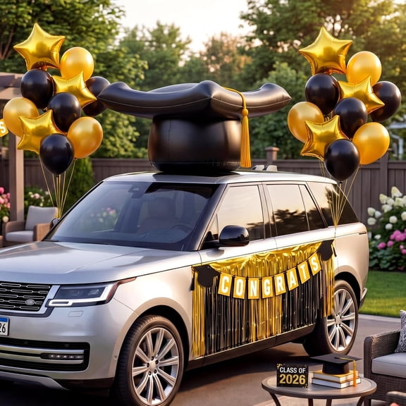 49 Pack Graduation Car Decoration Kit 24 Inches Large Inflatable Black Gold Graduate Hat with Tassel Congrats Fringe Garland Latex Balloon for Car Class of 2026 Graduation Party Decoration