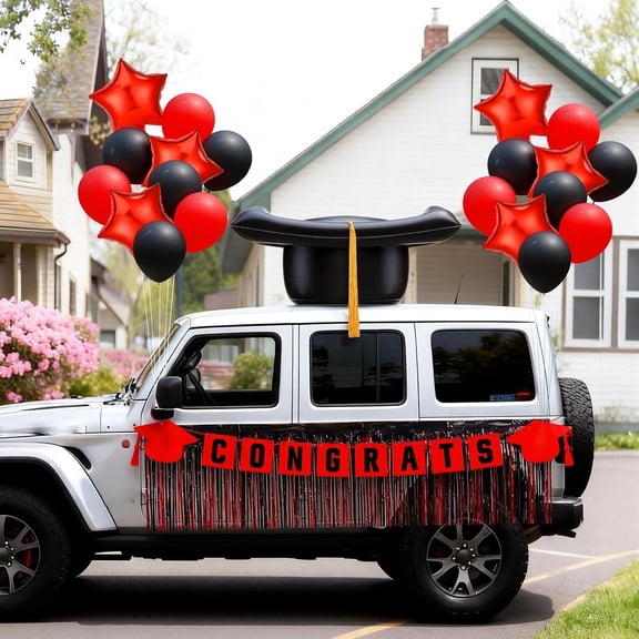 49 Pack Graduation Car Decoration Kit 24 Inches Large Inflatable Black Gold Graduate Hat with Tassel Red Black Tassel Banner Balloon for Car Graduation Party Decoration Supplies