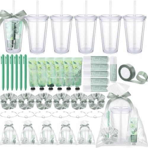 49 Pcs 6 Set Baby Shower Game Prizes for Winners Gift Including Plastic Cups Pens Bracelets Lipstick Hand Creams Hair Bands for Baby Shower Wedding Bridal Game Prize Party Favors