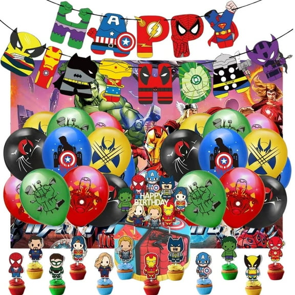 49 Pcs Avengers Birthday Decorations,  Superhero Birthday Decorations with Cake Toppers, Balloons, Happy Birthday Banner, Backdrop, Large Cake Topper, Ribbon