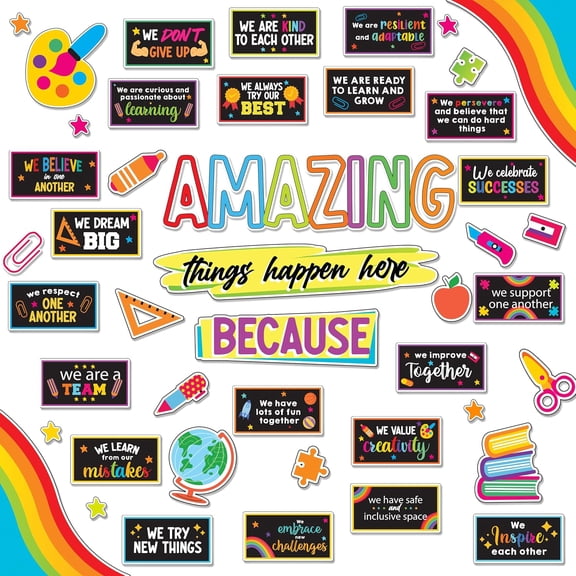 49 Pcs Amazing Things Happen Here Bulletin Board Set | Chalkboard Vibrant with Borders, Bulletin Board Motivational Decorations - Classrooms, School Hallways