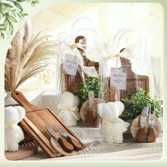 49 Pcs Shower Prizes for Game Players 6 Set Cheese Board Fork Knives Coaster Towel Artificial Potted Plant Thanks Card Gift Bag for Bridal Shower Wedding Favors (Acacia Wood)