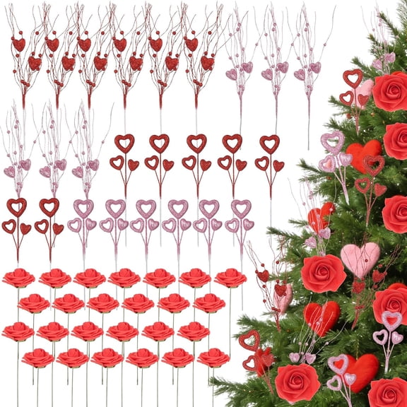 49 Pcs Valentines Day Artificial Rose Flower Heart Picks Valentines Red Roses Flowers Berry Heart Floral Picks Spray Branches for Wedding Table Centerpiece Home Decor