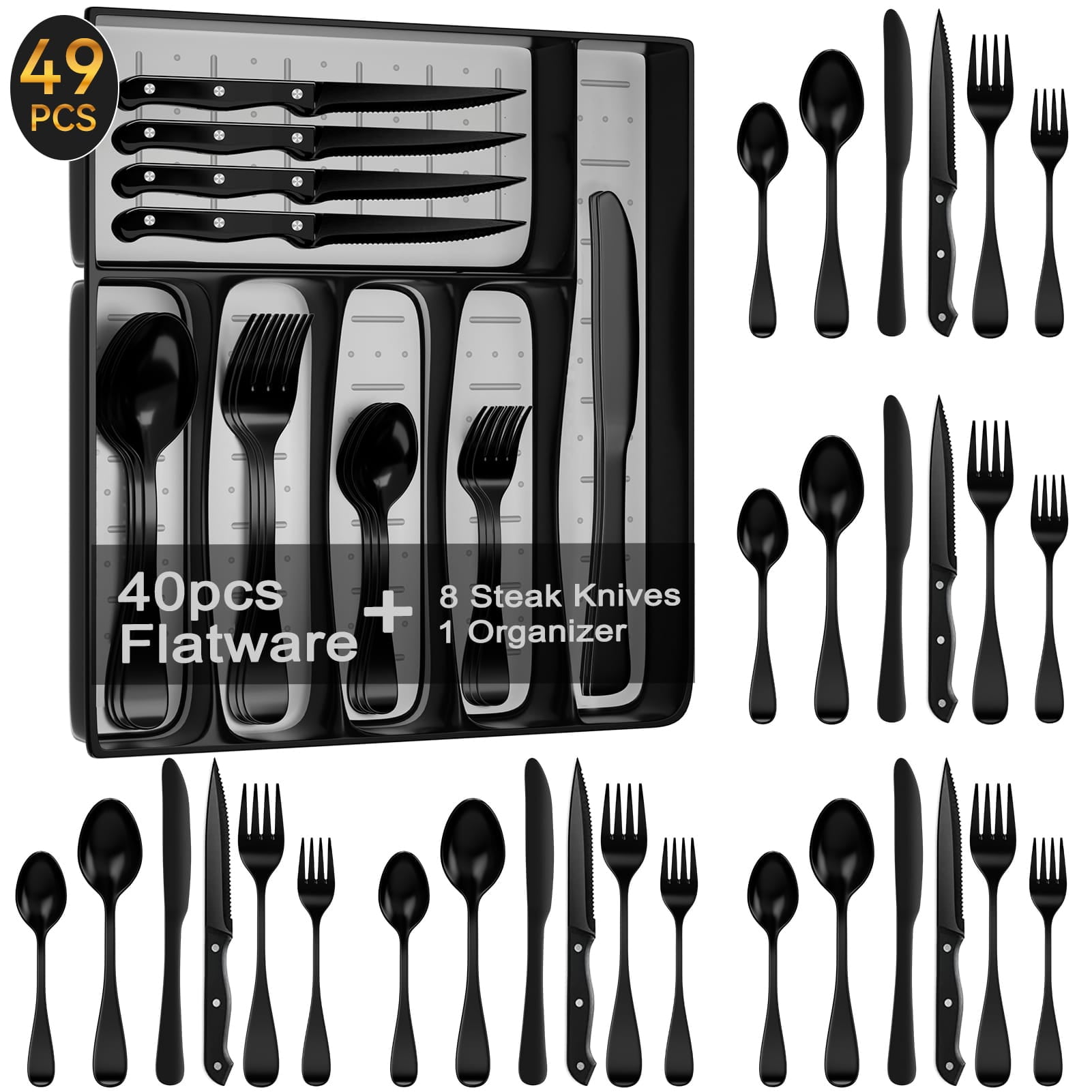 49-Piece Black Silverware Set with Flatware Drawer Organizer, Durable Stainless Steel Cutlery Set for 8, Mirror Polished Kitchen Utensils Tableware Service with Steak Knives and Tray