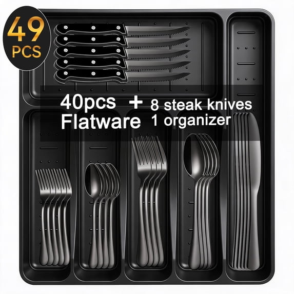 49-Piece Black Silverware Set with Flatware Drawer Organizer, Durable Stainless Steel Cutlery Set for 8, Mirror Polished Kitchen Utensils Tableware Service with Steak Knives and Tray