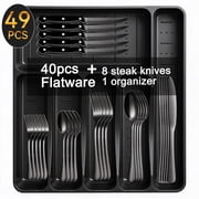 49-Piece Black Silverware Set with Flatware Drawer Organizer, Durable Stainless Steel Cutlery Set for 8, Mirror Polished Kitchen Utensils Tableware Service with Steak Knives and Tray