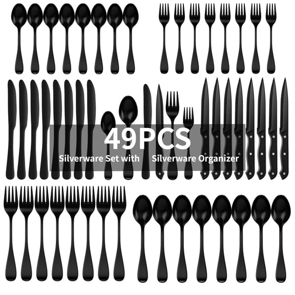 49-Piece Black Silverware Set with Flatware Drawer Organizer, Durable Stainless Steel Cutlery Set for 8, Mirror Polished Kitchen Utensils Tableware Service with Steak Knives and Tray