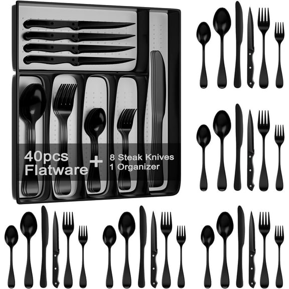 49-Piece Black Silverware Set with Flatware Drawer Organizer, Durable Stainless Steel Cutlery Set for 8, Mirror Polished Kitchen Utensils Tableware Service with Steak Knives and Tray