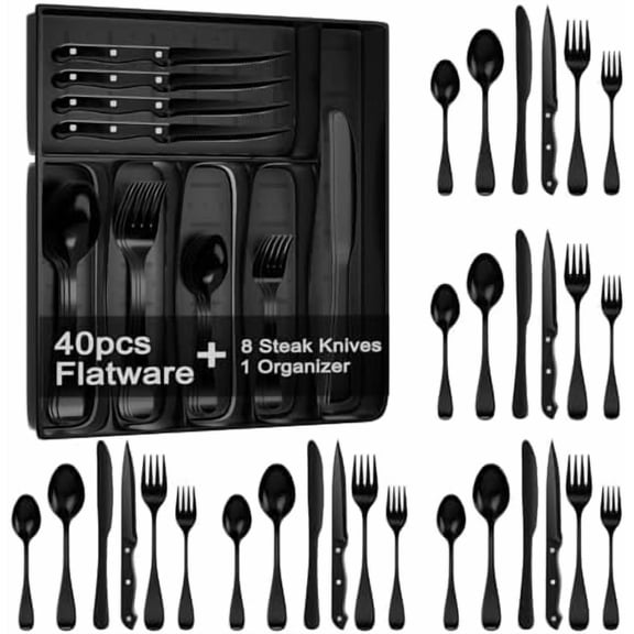 49-Piece Black Silverware Set with Organizer, Stainless Steel Flatware Set for 8 with Drawer Tray, Cutlery Steak Knives Fork Spoon for Home Restaurant, Mirror Finish