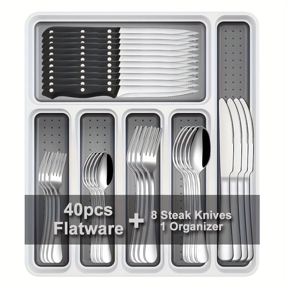 49-Piece Colorful Stainless Steel Flatware Set for 8, with Steak Knives  Cutlery Organizer, Mirror Polished, Valentine's Day Gift, for Home, Kitchen, Restaurant, Wedding  Party