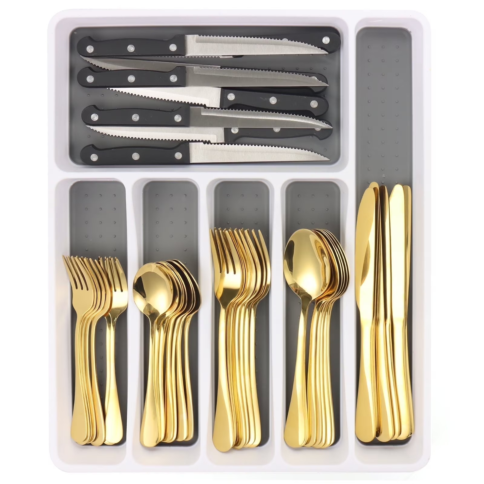 49-Piece Gold Flatware Set Service for 8 with Drawer Organizer ...