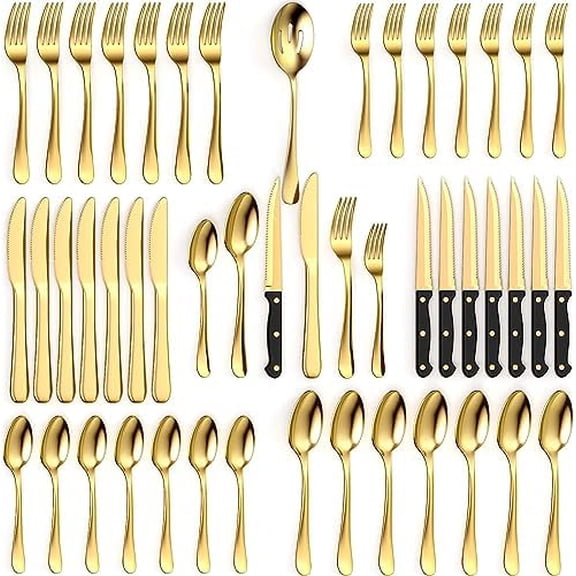 49 Piece Gold Silverware Set - Service for 8 - Stainless Steel Gold Flatware serving set - Cutlery Set - Knives, Fork, and Spoon - Dishwasher Safe - Stunning Polished Finish