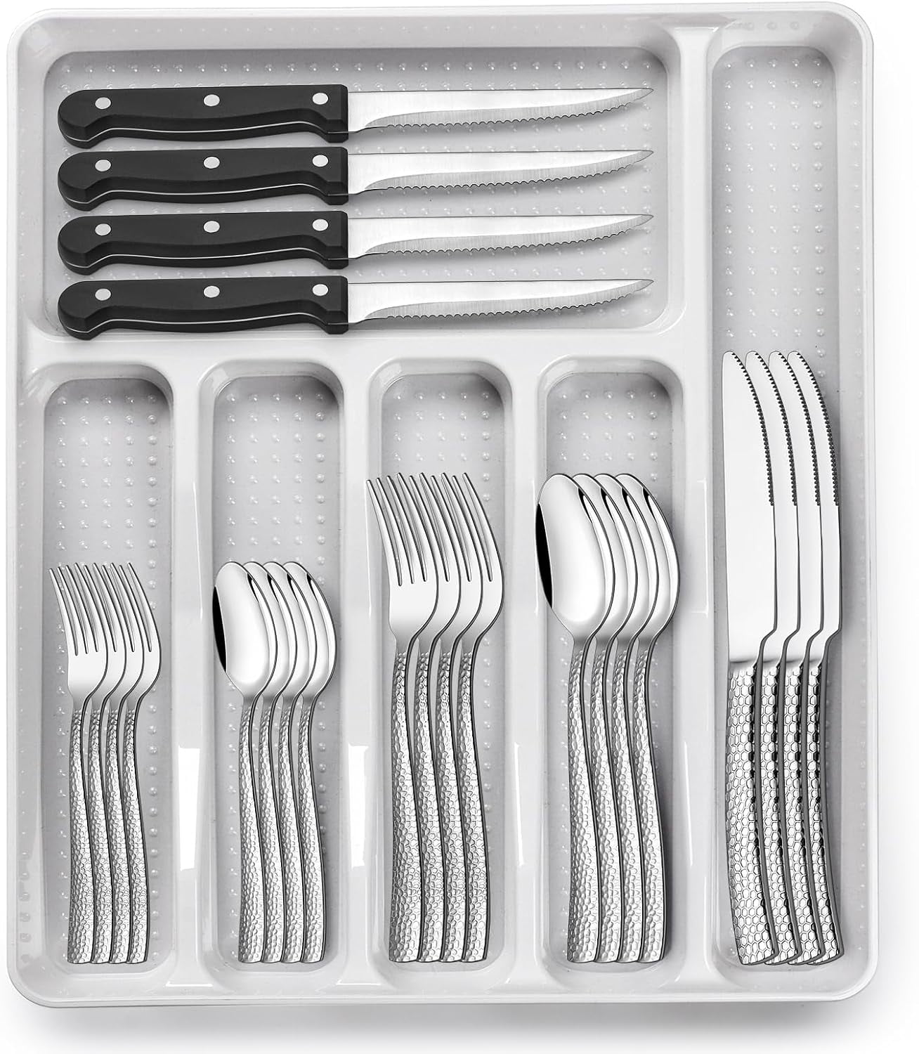 49-Piece Hammered Silverware Set with Organizer, Food-Grade Stainless ...