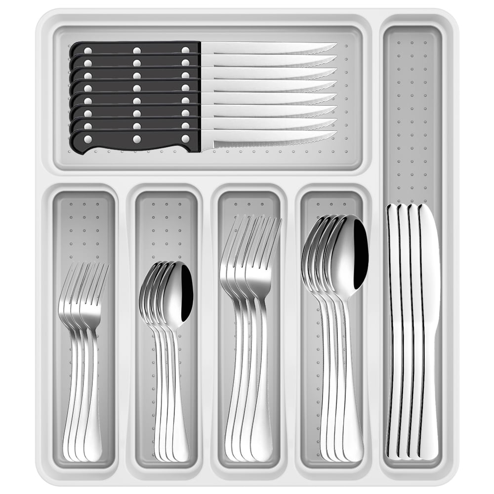 Walchoice 53-Piece Silverware Set with Serving Utensils, Plus Steak Knives, Stainless Steel Flatware Cutlery Set for 8, Mirror Polished & Dishwasher
