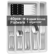 49-Piece Silverware Set with Flatware Drawer Organizer, Durable Stainless Steel Cutlery Set for 8, Mirror Polished Kitchen Utensils Tableware Service with Steak Knives Dinner Fork Knife Spoon & Tray