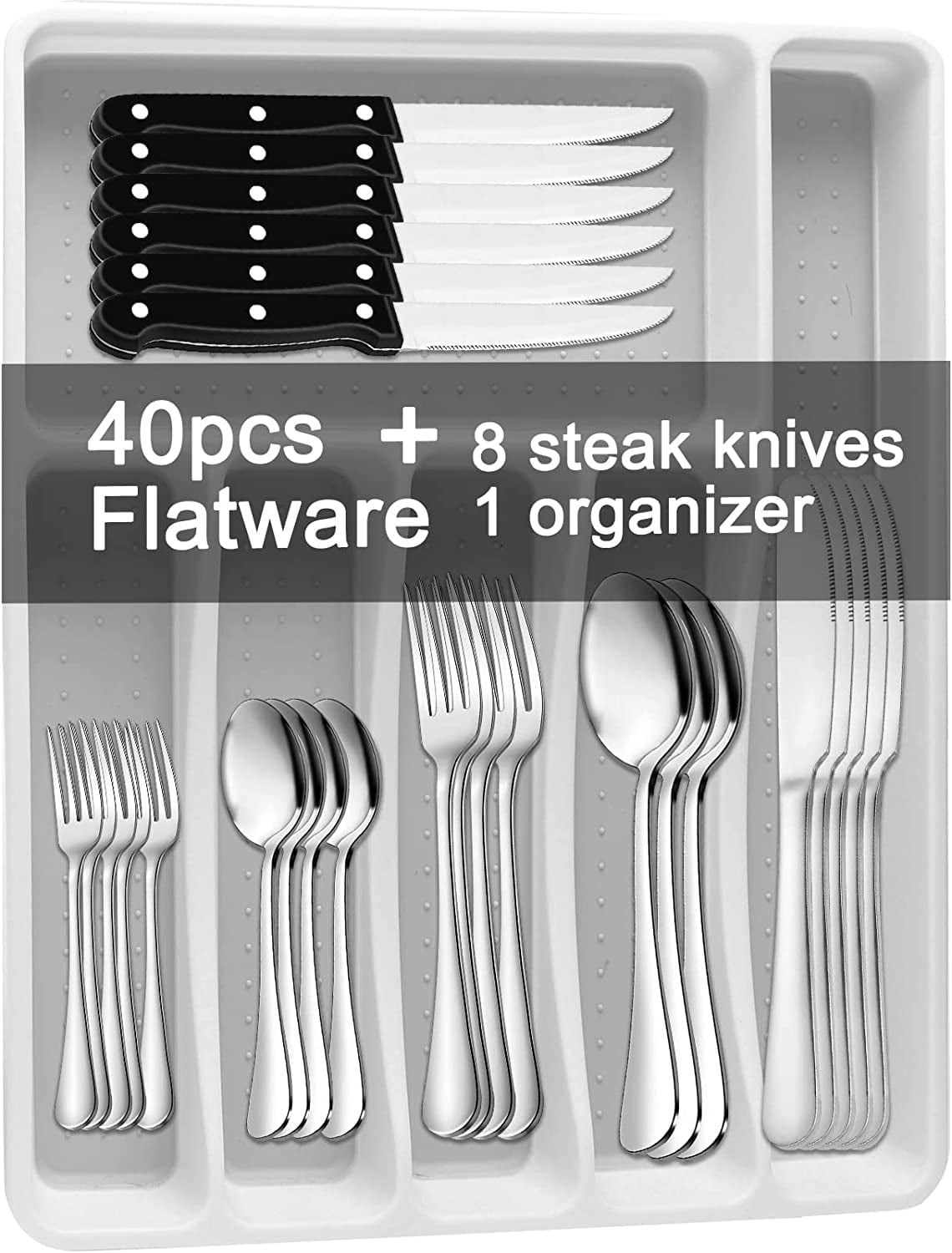 49-Piece Silverware Set with Flatware Drawer Organizer, Durable Stainless Steel Cutlery Set for 8, Mirror Polished Kitchen Utensils Tableware Service with Steak Knives Dinner Fork Knife Spoon & Tray - Walmart.com