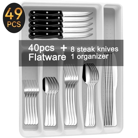 49-Piece Silverware Set with Flatware Drawer Organizer, Durable Stainless Steel Cutlery Set for 8, Mirror Polished Kitchen Utensils Tableware Service with Steak Knives Dinner Fork Knife Spoon & Tray