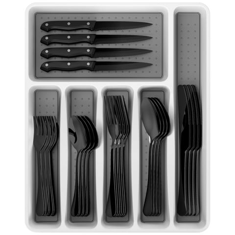 GPED 49-Piece Silverware Set with Organizer, Heavy Duty Stainless Steel Flatware Set Service for 8, Cutlery Set with Steak Knives, Mirror Polished, Dishwasher Safe, Black